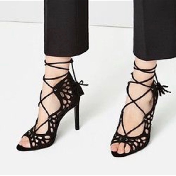 Zara black openwork wraparound lace up high heel sandals - Picture 2 of 12